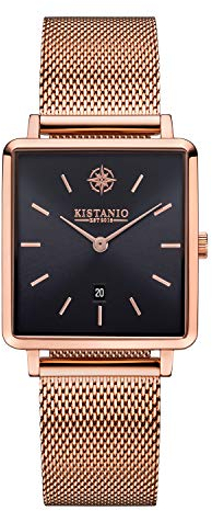 Kistanio Carre Damenuhr mit Milanaiseband Datum Edelstahl Rose Schwarz Saphirglas CAR-RG-BLKS-M