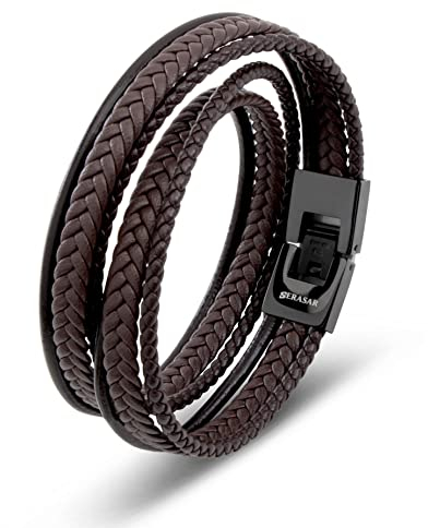 SERASAR 46cm Braun Männer Armband Leder Armreif Herren Lederband Herrenarmreif Armschmuck Schmuck Herrenschmuck Flecht Wickelarmband Kette Armbändchen Men Leather Bracelet