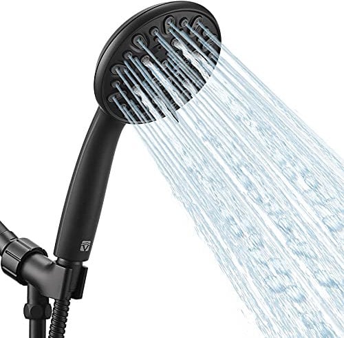 Vmasstone HM-002 Pommeau de douche haute pression 7 jets avec tuyau en acier inoxydable de 149,9 cm et support réglable pour profiter de la douche même à faible débit d'eau Noir mat