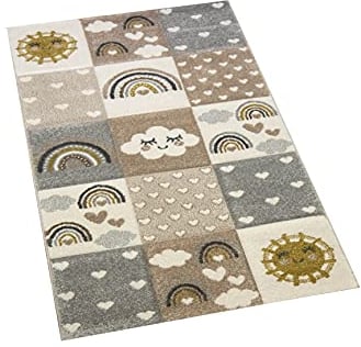 CARPETIA Spielteppich Kinderzimmer Teppich Herzchen Wolken Regenbogen Punkte grau beige braun Größe 80x150 cm