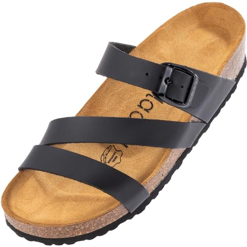 Palado Pantoletten Damen Chios - bequeme Sandalen Made in Spain - Hausschuhe mit dämpfendem Kork-Fußbett - modische Sommerschuhe Basic Schwarz Matt UK6 - EU39
