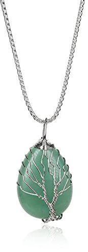 COAI Collana da Donna in Acciaio Inox con Ciondolo Goccia in Avventurina Ricamato con Motivo Albero della Vita