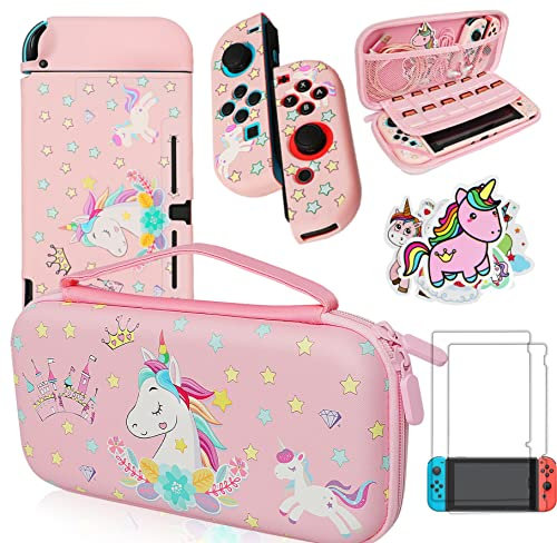 Custodia per Nintendo Switch con custodia protettiva agganciabile + pellicola proteggi schermo + adesivi con unicorno, kit di accessori per ragazze compleanno