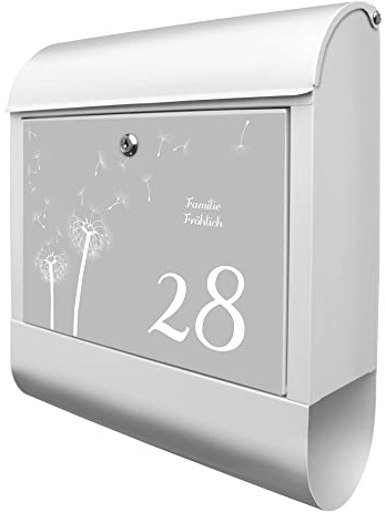banjado® Design Briefkasten personalisiert mit Pusteblume GW 38,5x46,5x13cm & 2 Schlüssel - Briefkasten Stahl weiß mit Zeitungsfach pulverbeschichtet - Postkasten A4 Einwurf inkl. Montagematerial