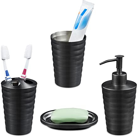 Relaxdays Accessoires de Salle de Bain, 4 pièces, Acier INOX, Porte-Savon, Distributeur de Savon, gobelets, Anthracite