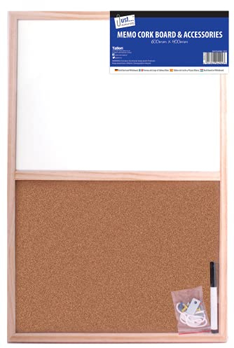 Wood Frame Split Cork/ Dry Wipe & Cork Board and Dry Wipe Board, Whiteboard Coloured Markers Bulletin Memo Decor, Home, Office, Push pins and Hanging Hooks (Split Cork/Dry Wipe Board, 400 x 600 mm)