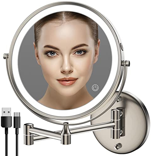 Miroir de courtoisie rechargeable à fixation murale en nickel, miroir de maquillage à LED double face de 20,3 cm, grossissement x10, 3 lumières de couleur, écran tactile à intensité variable,