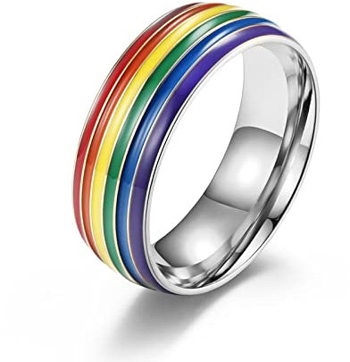 Aotiwe Bague Epaisse Homme, Bague en Argent Large Drapeau Arc-en-Ciel Argent Acier Inoxydable Taille 56.5