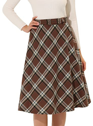 Allegra K Damen Tartan Plaid High Waist Gürtel Vintage A-Linie Midirock, Braun / Weiß, 38