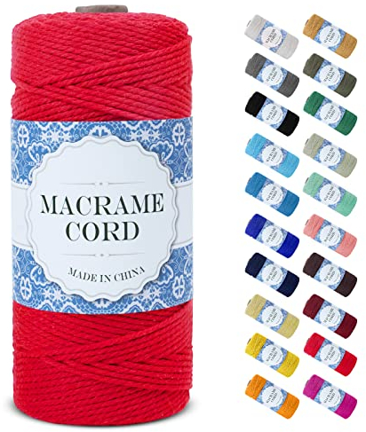 Uiopa Makramee Garn 2mm x 200m, Natürliche Baumwollgarn Baumwollkordel Farbig Baumwollschnur, Makramee-Garn Geflochten für DIY Basteln, Hängepflanze, Wandbehang, Weben Dekoration (Rot)