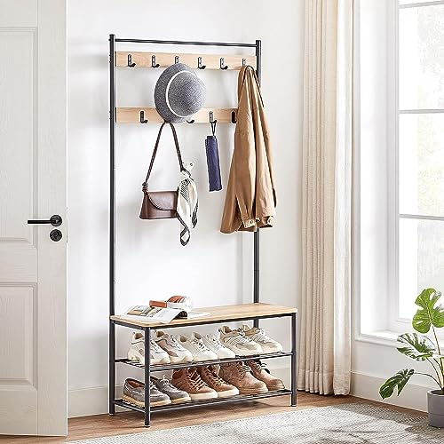 ACAZA 3-in-1 Garderobenständer mit Bank & Schuhregal – Flurmöbel aus Metall und Holz – Kleiderständer mit Sitzbank – 85 x 32 x 175cm - Eiche Hell