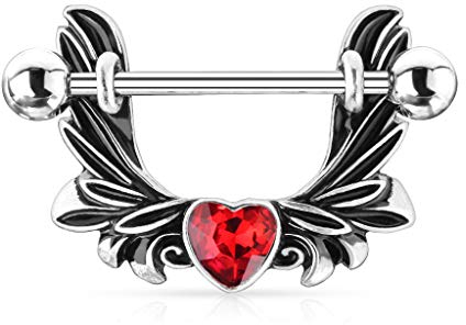 beyoutifulthings Brustwarzen-piercing Engels-flügel Kristall-Herz Rot Silber Brust-piercing Nippel-piercing Intim-piercing Chirurgenstahl Stab 13-mm
