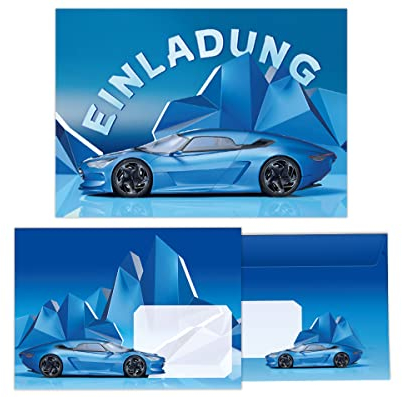 12 Einladungskarten incl. 12 Umschläge zum Kindergeburtstag Geburtstag Jungen Rennauto Rennwagen