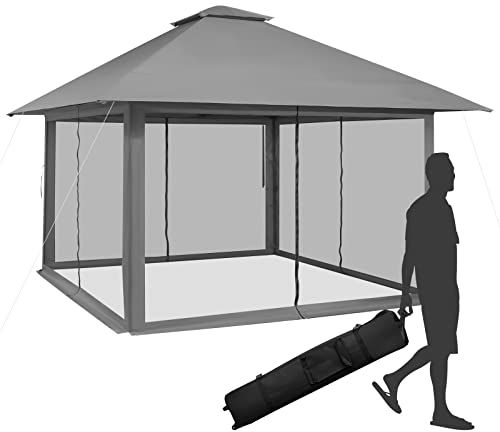 COSTWAY Gazebo Pieghevole da Giardino 4 x 4 m, Altezza Regolabile, Gazebo Pop-up con Zanzariera, Borsa di Trasporto, Doppio Tetto Ventilato e per Giardino Patio e Cortile (Grigio)