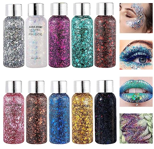 10 bouteilles de paillettes fluorescentes pour visage, corps et cheveux. Idéal pour festivals et maquillage scintillant. Longue tenue, facile à appliquer pour femmes et hommes