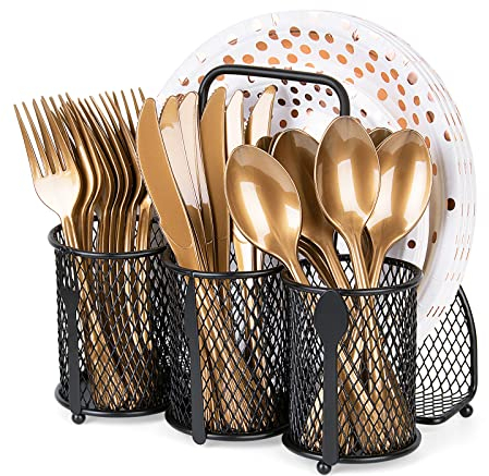 Fhioevt Küchenutensilienhalter 3 in 1 Besteckhalter aus Metall Besteckbehälter Schwarz Utensilienhalter mit Griff 3 Fächer Runder Besteckkorb Tisch Küchen Besteck-Abtropfkorb für Aufbewahrung