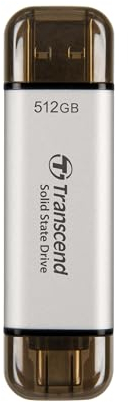 Transcend 512GB Portable SSD Hohe Geschwindigkeit bis zu 1050 MB/s, Ultra-Kompakt, Unterstützt Typ-A/Typ-C, PS4/PS5 Getestet für USB 10Gbps, Silber - TS512GESD310S