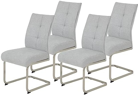 Hela Tische, 4er Set Esszimmerstuhl INES, Schwingstuhl, XL-Stuhl, Webstsoff Grau, Komfortsitz Federkorb, Metallgestell Edelstahloptik