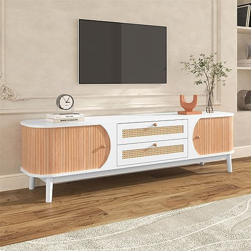 Sweiko Meuble TV en rotin blanc de 67 avec 2 portes et 2 tiroirs - Support TV en bois massif pour chambre à coucher, salon