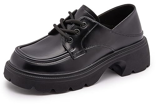 Mocasín de Cabeza Redonda Zapatos de Las Mujeres de Estilo británico con Cordones de Fondo Grueso Cuatro Estaciones Zapatos Individuales de Altura Mocasines Casuales