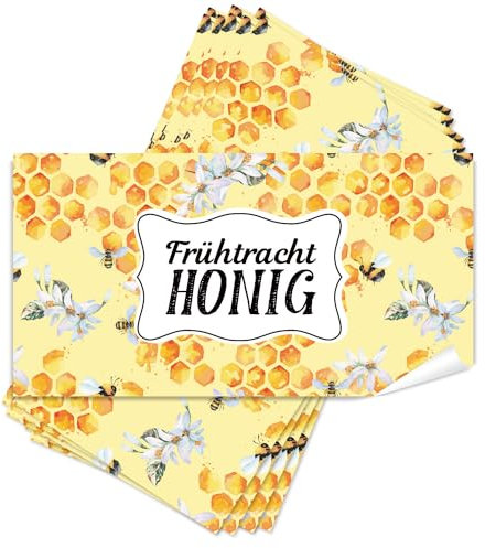 Logbuch-Verlag 25 Frühtracht Honig Etiketten 10 x 5 cm Honigaufkleber für Frühtrachthonig gelb mit Bienenwaben-Motiv