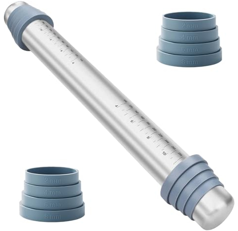 TAKUZA Rouleau à pâtisserie en acier inoxydable - Réglable - Avec anneaux en silicone amovibles en 4 tailles - Pour pizza, pâtes, gâteaux, glaçage, 42 cm