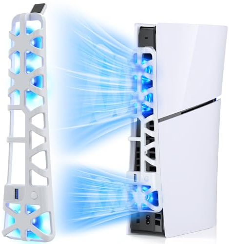 FASTSNAIL Ventilateur de Refroidissement LED pour Console PS5 Slim, Refroidisseur Ajustable avec Fonction mémoire, Accessoire Compatible avec Playstation5 Slim Digital & Discs Edition(Blanc)