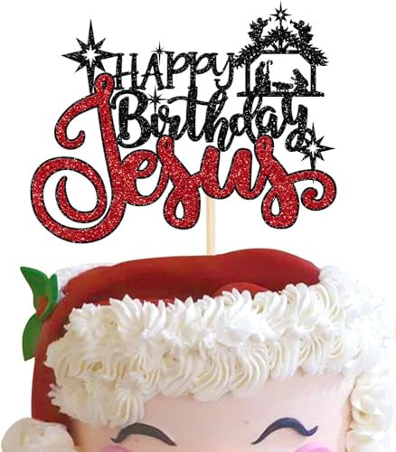 1 Stück Happy Birthday Jesus Tortendeko Glitzer Frohe Weihnachten Krippe Jesus Geburtstag Kuchen Deko für Krippe Thema Weihnachten Jesus Geburtstag Party Kuchen Dekorationen Schwarz Rot