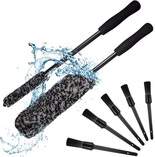 WeeGoo 7 Pcs Car Alloy Wheel Woolies Brush Set, Long Handle Wheel Woolies Set for Cleaning Car Wheels, Soft Microfiber Rim Cleaning Brush, Car Wheel Detailing Brushes, Washing