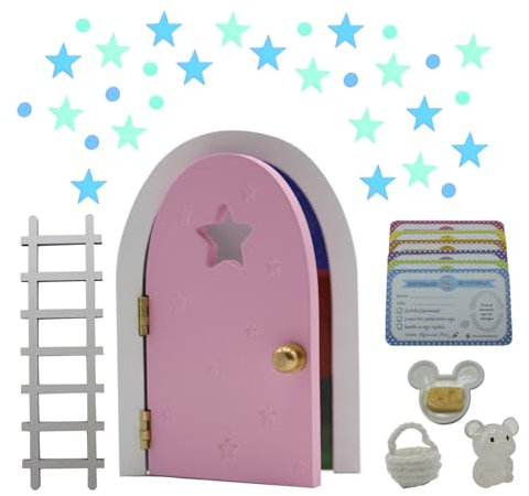 Qué Kawaii® puerta (Rosa) Ratoncito Pérez que abre y brilla con universo de estrellas y planetas. Certificados y complementos de resina. Bolsa crochet (hecha a mano). Pura magia.