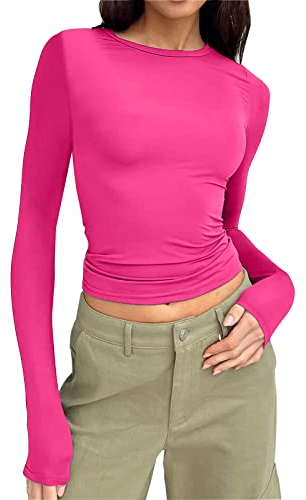 Tops Y2k,Femme T-Shirt à Manches Longues Chemise à Col Rond Tops Ample Décontracté Chemisier Chic Élégant Casual Tunique Tshirts Blouse Tops Long