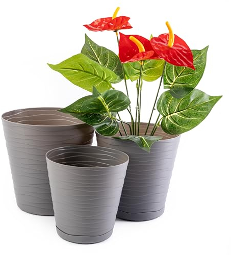 Home Garden Ornaments Tedi Vaso per Piante da Interno Grigio Set di 3 Misure 13/15/17 cm - Vaso da Esterno e Sottovaso Integrato con Fori di Drenaggio - Vasi per Piante da Esterno (Grigio)