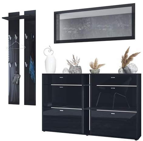 Vladon Garderoben-Set Orlando mit Schuhschrank, Made in Germany, Wandpaneel und Wandspiegel, Schwarz matt/Schwarz Hochglanz