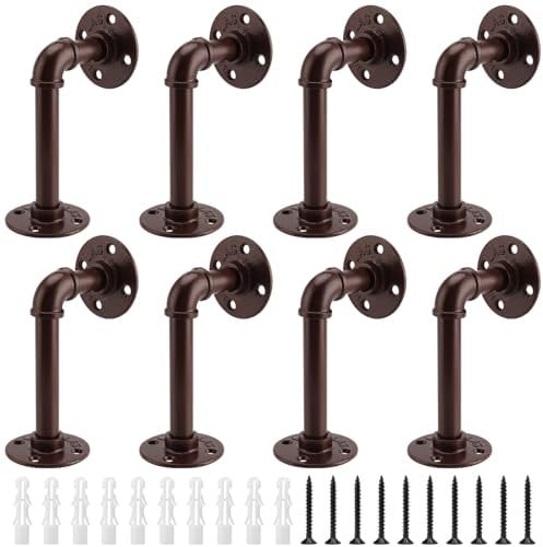 KOHAND 8 Pack Industrial Pipe Shelving Brackets with Screws and Hard Wall Anchors, Brown Pipe Brackets for Shelves, Scaffold Board, Home Decoration
