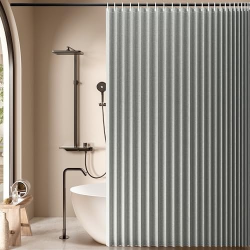 Jubilantex Cortina de ducha plegable de lino para baño, cortina de ducha impermeable gris, 1 panel con 14 ojales de metal y 1 alzapaños para hotel, 70 x 70 pulgadas