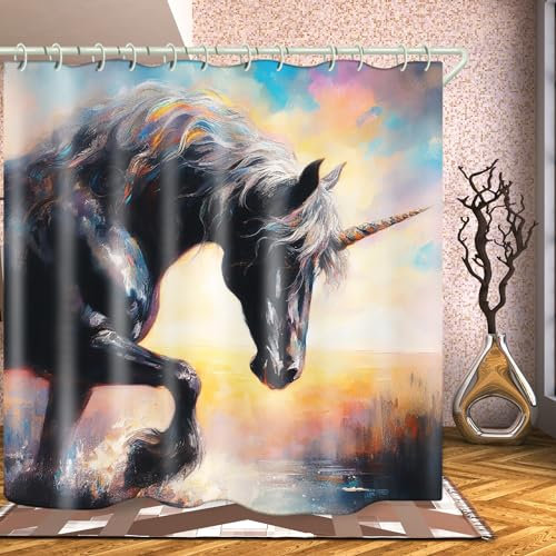LYFANS Rideau de douche, peinture à l'huile colorée, motif licorne, rideau de douche imperméable, décoration de salle de bain, ensemble de rideau de douche animal, crochet de rideau de douche en tissu