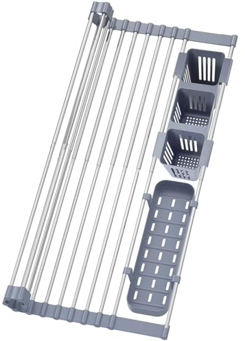PERFEETS® Escurreplatos Plegable de Acero Inoxidable sobre Fregadero Ajustable + Accesorios para Cubiertos - Escurridor Compacto y Duradero - Accesorios para Cubiertos | Escurridor de Platos