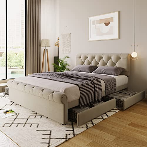 Merax Polsterbett 140x200cm mit 4 Schubladen, Doppelbett Bettgestell mit Lattenrost und Höhenverstellbarem Kopfteil, Leinenmaterial, Chesterfield Funktionsbett, Stauraumbett, Ohne Matratze, Natürlich