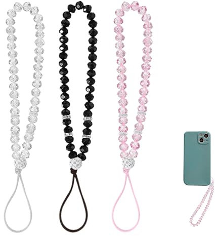 3PCS Mobile Phone Charms Sparkling Handmade Wrist Strap Phone Charm Strap Crystal Beads Phone Charms Hanging String Anti-Lost Keychain for Girls Ladies Women