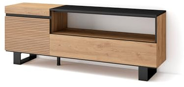 Skraut Home | Meuble TV | Banc Télé | Grand Espace de Rangement | 150x57x35cm | pour Les TV jusqu'à 65 | Design Industriel | Style Moderne | Chêne