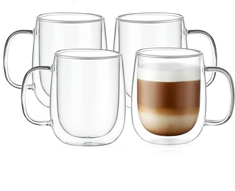CNGLASS Große doppelwandige Glas-Kaffeetasse 15,2oz/450 ml, Klarglas-Espressotassen mit Griff, Isolierglas Kaffeegläser für Latte Macchiato Cappuccino, 4er-Set