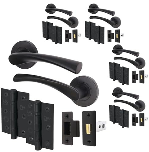 EAI Black Door Handle Latch Set - Pack of 5 | Round T-Bar Internal Door Handles, Latch (64mm), Hinges (76mm) | Matt Black Lever On Rose | Novoli Range