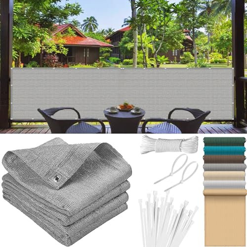 Balkon Sichtschutz Balkonabdeckung 140 x 1000 cm mit Kabelbinder Kordel UV Und Wetterbeständig, Staubdicht, Garantie Auf Material, Reißfest Balkonfächer Balkon Sichtschutz für Zaun, Grau