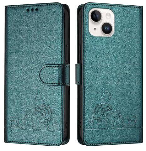 ScandiCasis iPhone 13 Mini Flip Case, Cat Pattern Leather Cover with [Card Slots] [RFID] [Wallet] [Kickstand] Shockproof Case, Peacock Green