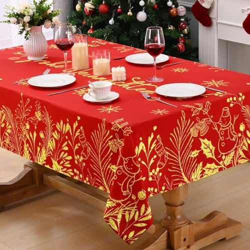 Alishomtll Weihnachten Rot Tischdecke, Gold Schneeflocke Gradient Blätter Rechteckige Tischdecken, Wasserabweisend Abwaschbar Tischtuch, Winter Party Festliche Deko Tischwäsche 140x240 cm