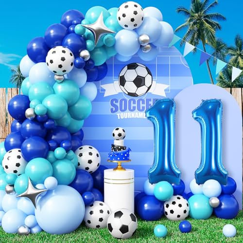 11th Football Birthday Decoration for Boys, 11th Football Birthday Balloons Arch with Royal Blue Teal Light Blue Balloon Garland Kit Large Number 11 Balloon for 10th football birthday Party Supply