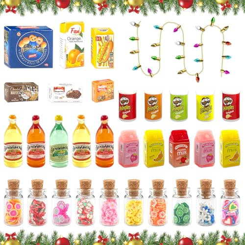 Lets Joy Miniatur Zubehör, 32 Stücke Puppenhaus Lebensmittel Zubehör, Miniatur Lebensmittel, Miniatur Essen und Trinken, Spielzeug Lebensmittel, Puppenhaus Set, Miniatur Deko Weihnachten Ornamente