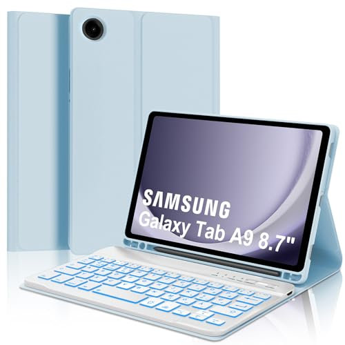 IVEOPPE Hülle mit Tastatur für Samsung Galaxy Tab A9 8.7, Tastatur für Samsung Tablet A9 2023, Magnetisch Abnehmbarer Beleuchtung Keyboard Galaxy Tab A9 8.7 Zoll (SM-X110/X115/X117), Blau