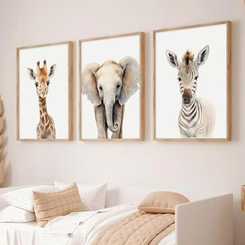 BeiYiHo 3 Safari Tiere Bilder Kinderzimmer Beige Poster Babyzimmer Elefant Giraffe Zebra 30x40cm Leinwand Dekoration Baby Boy Wandbilder Kinder Jungen Geschenk ohne Rahmen
