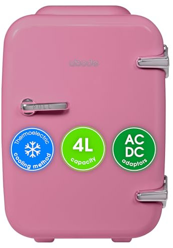 Abode Pink Mini Fridge A4CLR201P 4L/6 Can Portable Thermoelectric Mini Cooler & Warmer for Drinks, Cosmetics/Makeup/Skincare, AC/DC Power, Retro Style, For Bedroom, Home, Caravan, Car
